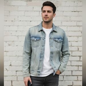 VINTAGE BC ETHIC Denim Jacket, Distressed Acid Wash, Men's Large